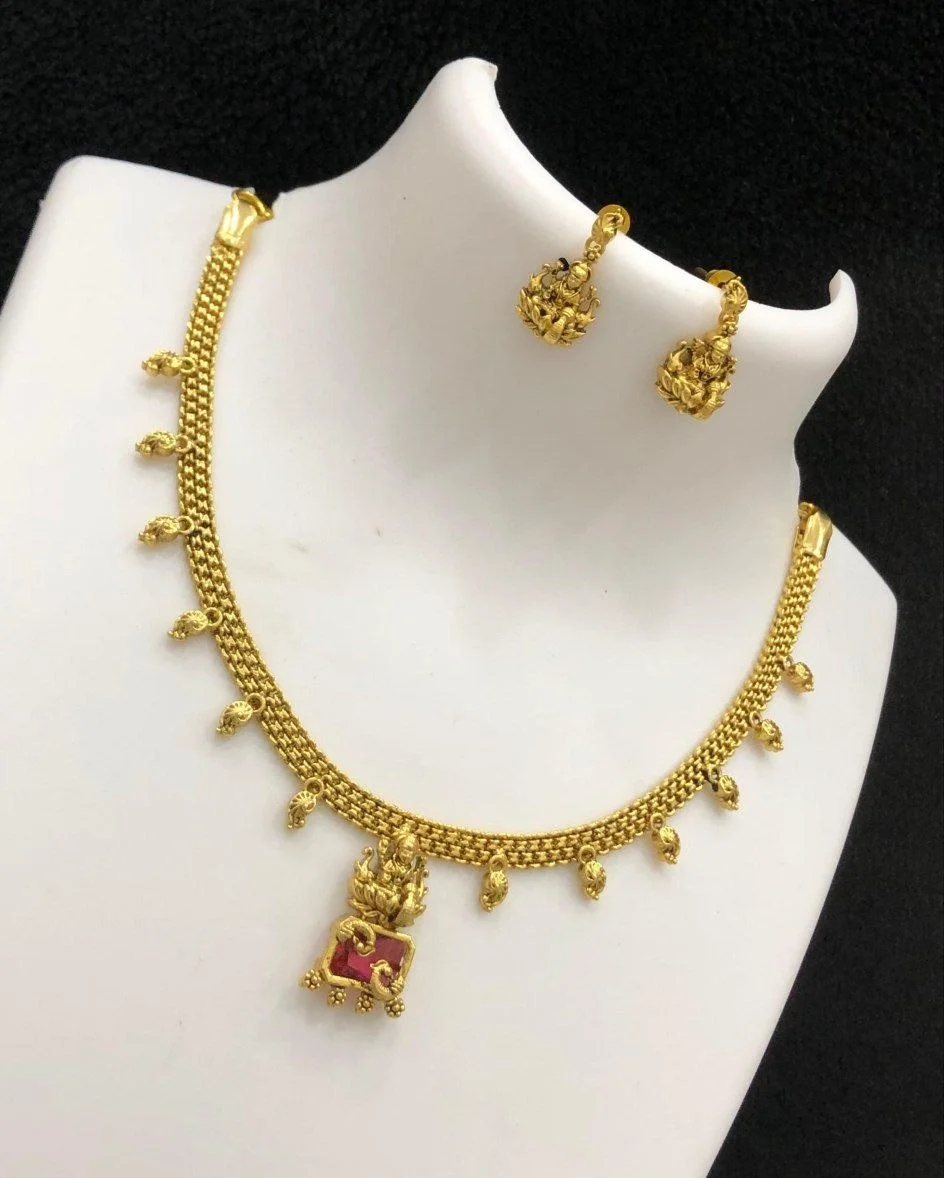 Golden Lakshmi Devi Necklace set - Ruby